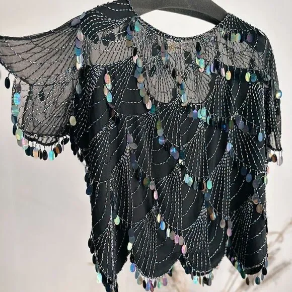 100% Silk Oleg Cassini Black Paillette Sequins Top Blouse Vintage Medium - Picture 3 of 7
